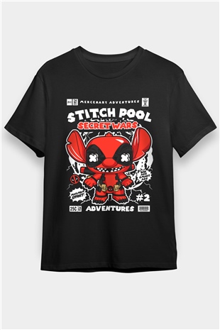 Stitch Pool Secret Wars Baskılı Unisex Siyah Tişört