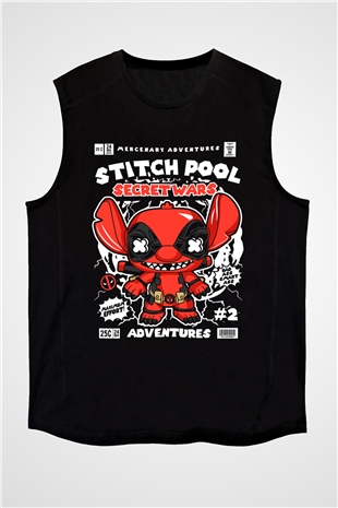 Stitch Pool Secret Wars Baskılı Unisex Siyah Kolsuz Tişört