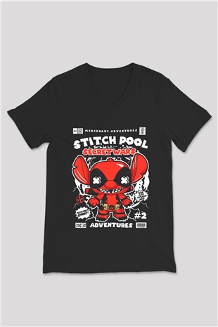 Stitch Pool Secret Wars Baskılı Unisex Siyah V Yaka Tişört
