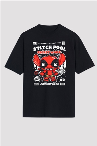 Stitch Pool Secret Wars Baskılı Unisex Siyah Oversize Tişört