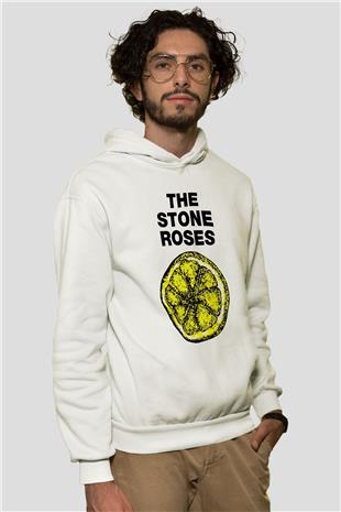 Stone Roses Baskılı Beyaz Unisex Kapüşonlu Sweatshirt