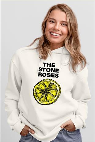 Stone Roses Baskılı Beyaz Unisex Kapüşonlu Sweatshirt