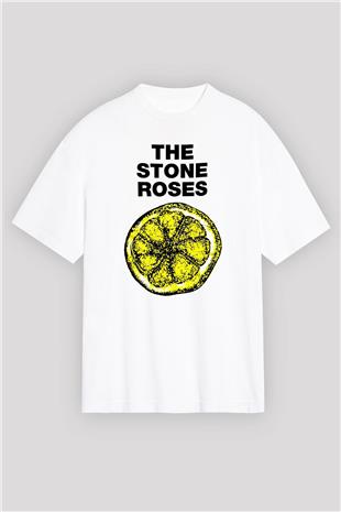 Stone Roses Baskılı Beyaz Unisex Oversize Tişört - Tshirt