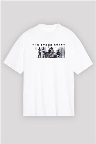 Stone Roses Baskılı Beyaz Unisex Oversize Tişört - Tshirt