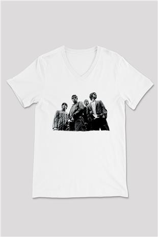 Stone Roses Baskılı Beyaz Unisex V Yaka Tişört - Tshirt