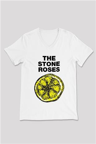 Stone Roses Baskılı Beyaz Unisex V Yaka Tişört - Tshirt