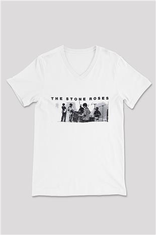 Stone Roses Baskılı Beyaz Unisex V Yaka Tişört - Tshirt