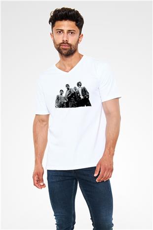 Stone Roses Baskılı Beyaz Unisex V Yaka Tişört - Tshirt