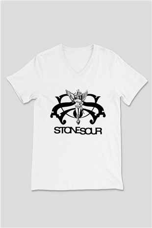 Stone Sour Beyaz Unisex V Yaka Tişört T-Shirt - V Yaka Tişört Fabrikası