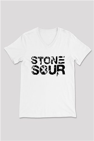 Stone Sour Beyaz Unisex V Yaka Tişört T-Shirt - V Yaka Tişört Fabrikası