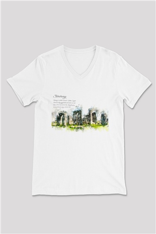 Stonehenge Beyaz Unisex V Yaka Tişört