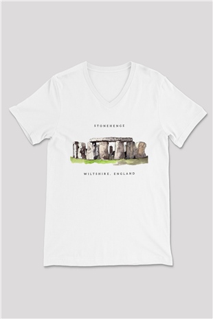 Stonehenge Beyaz Unisex V Yaka Tişört