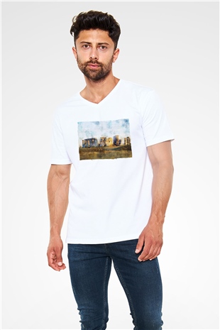 Stonehenge Beyaz Unisex V Yaka Tişört