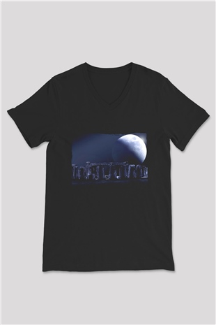 Stonehenge Siyah Unisex V Yaka Tişört