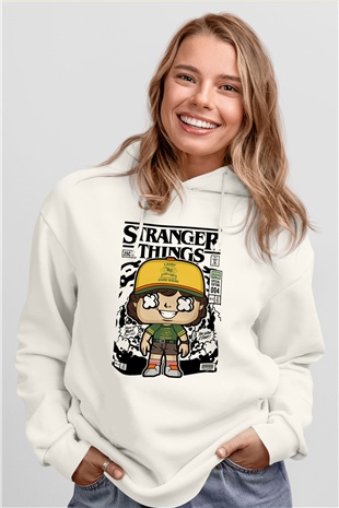 Stranger Things Baskılı Unisex Beyaz Hoodie
