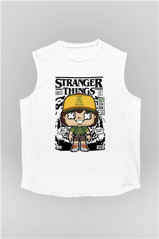 Stranger Things Baskılı Unisex Beyaz Kolsuz Tişört