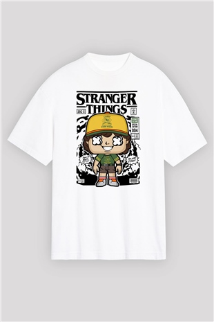 Stranger Things Baskılı Unisex Beyaz Oversize Tişört