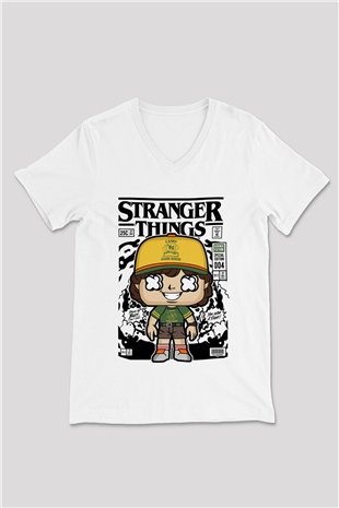 Stranger Things Baskılı Unisex Beyaz V Yaka Tişört
