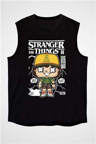 Stranger Things Baskılı Unisex Siyah Kolsuz Tişört