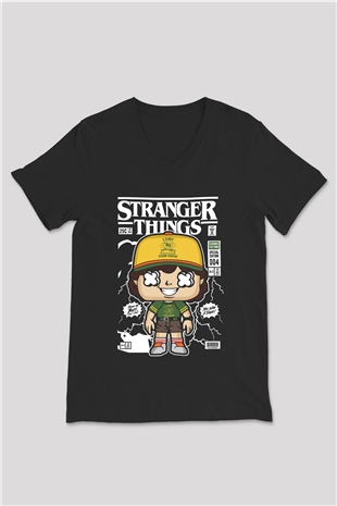Stranger Things Baskılı Unisex Siyah V Yaka Tişört