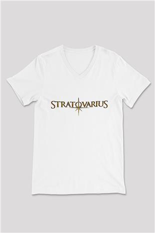 Stratovarius Baskılı Beyaz Unisex V Yaka Tişört - Tshirt