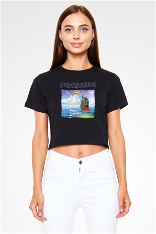 Stratovarius Baskılı Siyah Crop Top Kadın Tişört - Tshirt