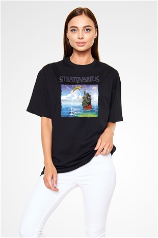 Stratovarius Baskılı Unisex Siyah Oversize Tişört - Tshirt