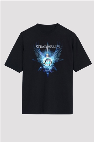 Stratovarius Baskılı Unisex Siyah Oversize Tişört - Tshirt