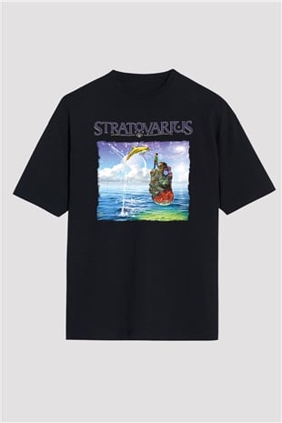 Stratovarius Baskılı Unisex Siyah Oversize Tişört - Tshirt