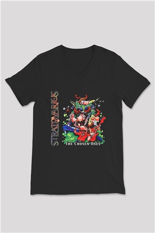 Stratovarius Baskılı Unisex Siyah V Yaka Tişört - Tshirt