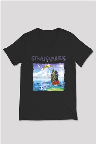 Stratovarius Baskılı Unisex Siyah V Yaka Tişört - Tshirt