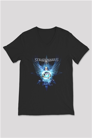 Stratovarius Baskılı Unisex Siyah V Yaka Tişört - Tshirt