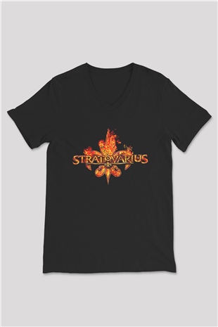 Stratovarius Baskılı Unisex Siyah V Yaka Tişört - Tshirt