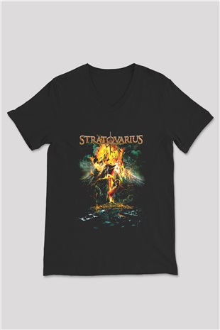 Stratovarius Baskılı Unisex Siyah V Yaka Tişört - Tshirt