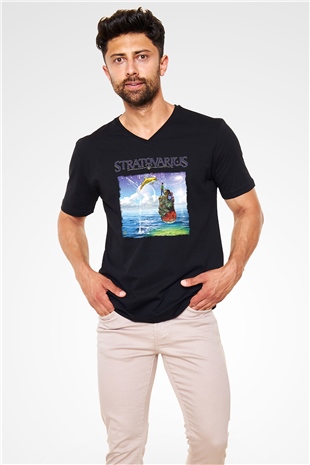 Stratovarius Baskılı Unisex Siyah V Yaka Tişört - Tshirt