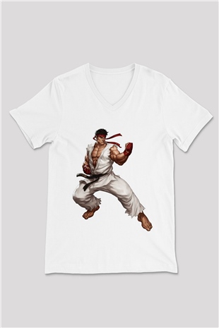 Street Fighter Beyaz Unisex V Yaka Tişört T-Shirt