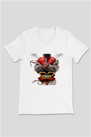 Street Fighter Beyaz Unisex V Yaka Tişört