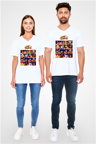 Street Fighter Beyaz Unisex  V Yaka Tişört