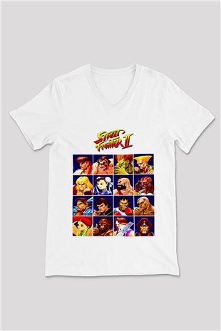 Street Fighter Beyaz Unisex  V Yaka Tişört