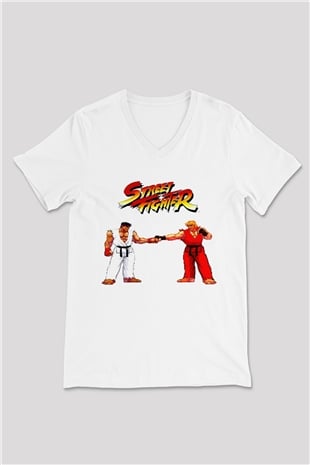 Street Fighter Beyaz Unisex  V Yaka Tişört
