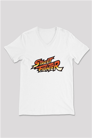 Street Fighter Beyaz Unisex V Yaka Tişört T-Shirt