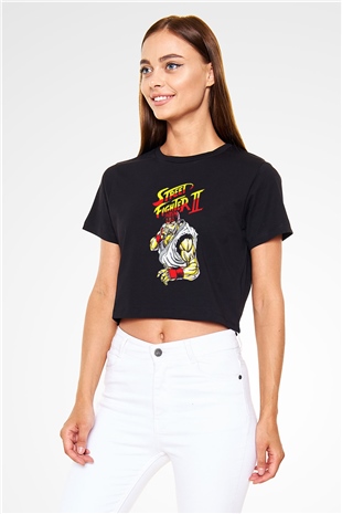 Street Fighter Siyah   Crop Top Tişört