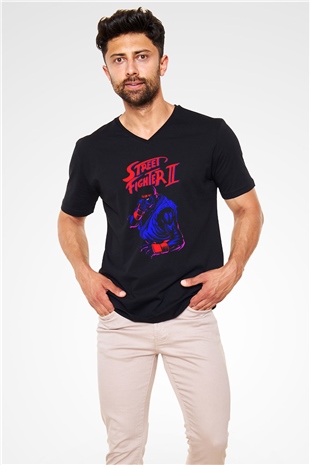 Street Fighter Siyah Unisex  V Yaka Tişört