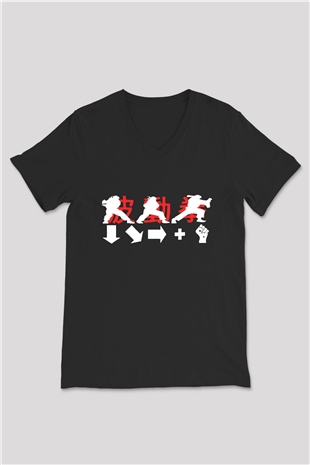 Street Fighter Siyah Unisex V Yaka Tişört