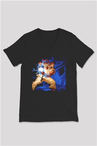 Street Fighter Siyah Unisex V Yaka Tişört