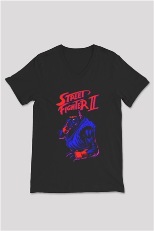 Street Fighter Siyah Unisex  V Yaka Tişört
