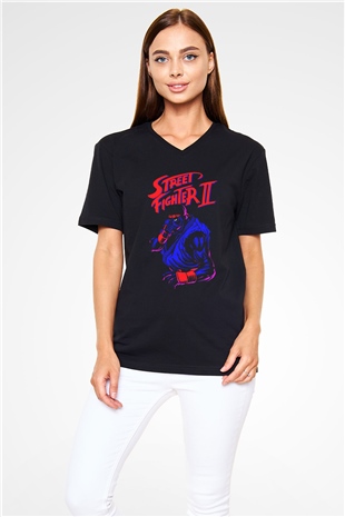 Street Fighter Siyah Unisex  V Yaka Tişört