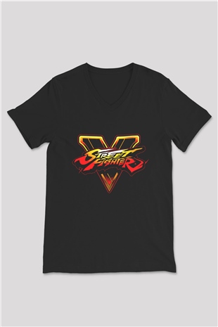 Street Fighter Siyah Unisex  V Yaka Tişört