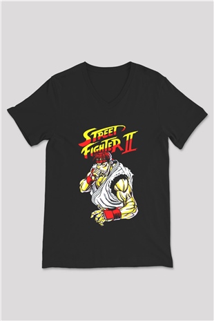 Street Fighter Siyah Unisex  V Yaka Tişört