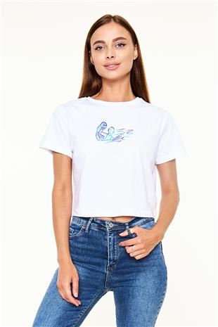 Su Topu Baskılı Crop Top Beyaz Tişört - T-shirt
